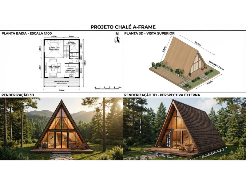 Projeto Chalé A-Frame com planta baixa, vista 3D e renderização
