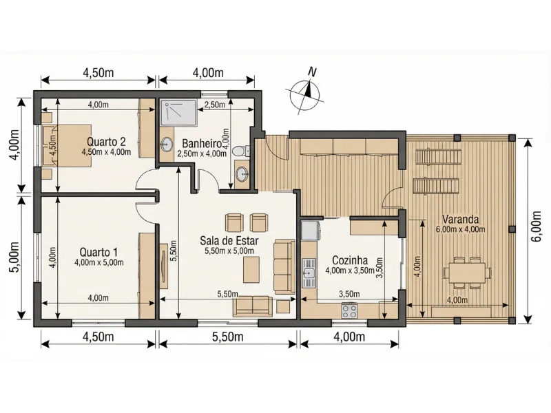 Planta baixa de chalé com medidas detalhadas