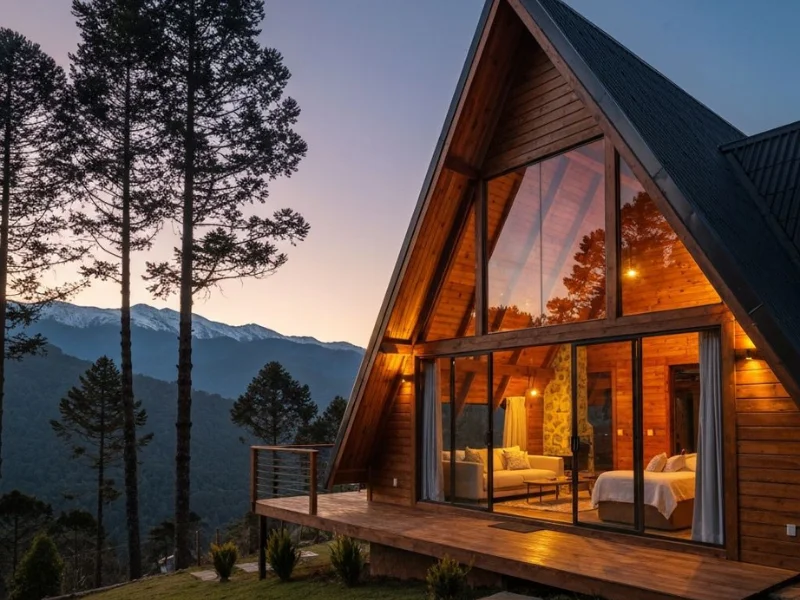 Chalé A-Frame com vista para montanhas ao entardecer