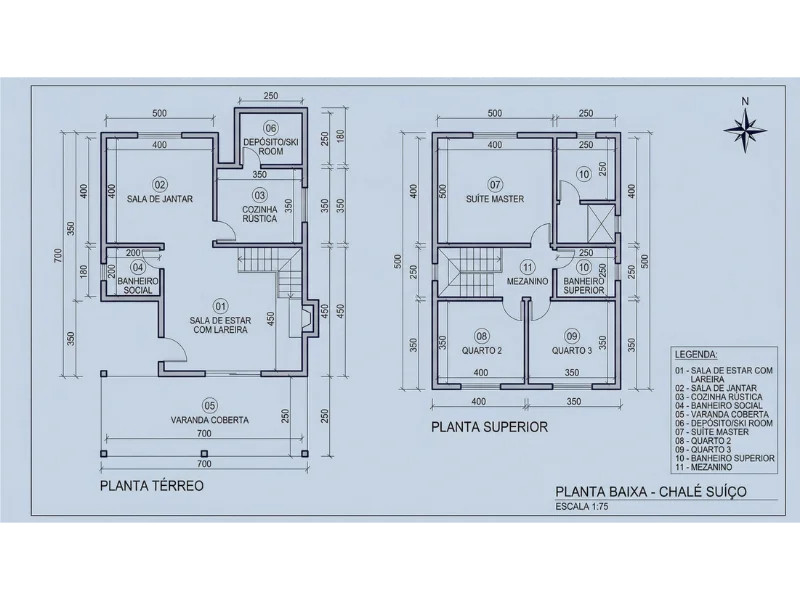 Planta baixa térreo e superior de chalé suíço