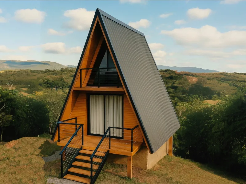Chalé A-Frame de madeira com varanda em paisagem de montanha