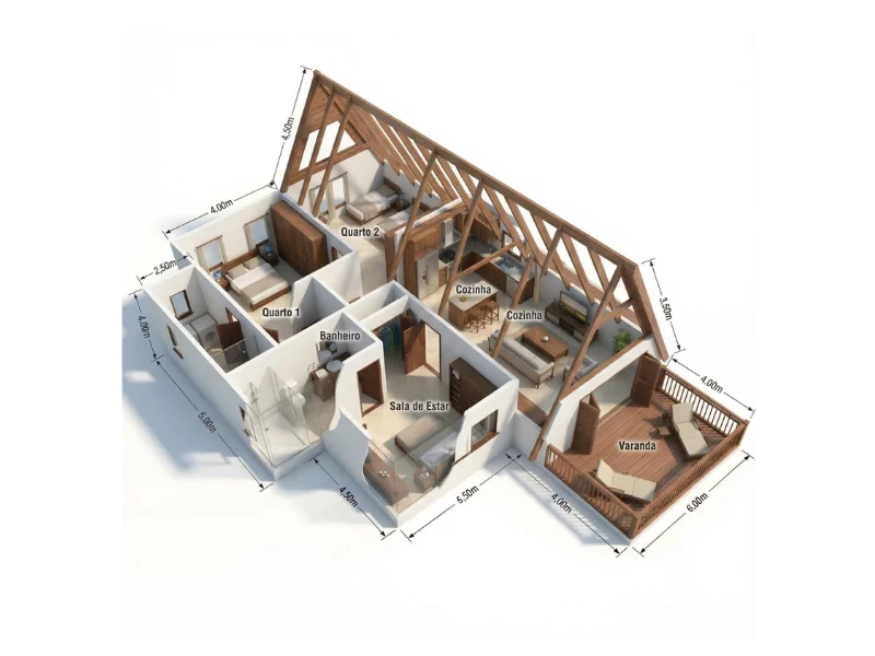 Vista isométrica 3D de chalé com layout dos ambientes